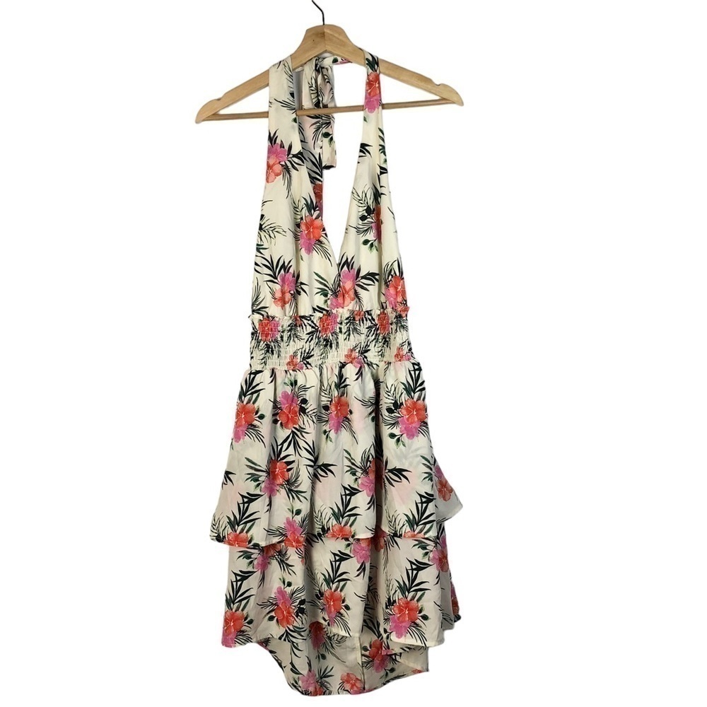 Madden‎ NYC White & Pink Floral Tiered Halter Mini Dress XL
